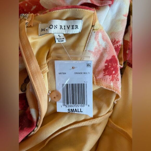 NWT Anthropologie Moon River Square Neck Puff-Sleeve Floral Orange Midi Dress - Picture 4 of 6